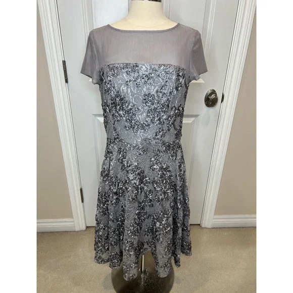 Alex Evenings | Dresses | Alex Evenings 2 Silver Sequin Mesh Sleeves Fit  Flare Midi Lace Party Dress | Poshmark